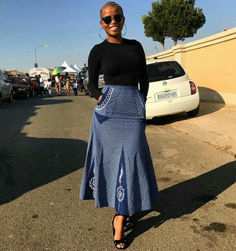 Tswana Lady In Beautiful A-line Shweshwe Skirt With Pockets and Black Top – Clipkulture Sotho Traditional Dresses, Sesotho Traditional Dresses, Shirt With Skirt, Skirt Traditional, South African Traditional Dresses, Skirts Ideas, African Weddings, African Traditional Wear, Shweshwe Dresses