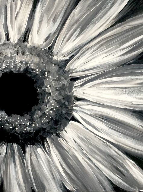 Daisy Paintings, On Black Canvas, Black Canvas Art, Black Canvas Paintings, Paint Nite, Paint Night, Black And White Painting, Simple Acrylic Paintings, Sunflower Painting