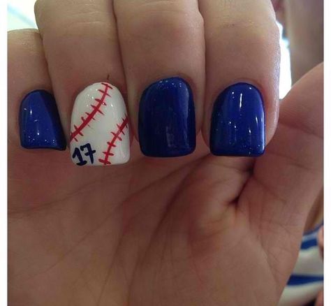 Nail design darker blue for Yankees color Baseball Nail Designs, Baseball Nails, Sports Nails, Ten Nails, Design Mom, Nails For Kids, Dipped Nails, Fancy Nails, Faux Leather Jacket