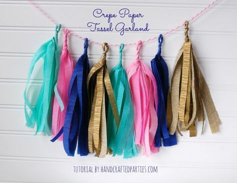 DIY Crepe Paper Tassel Garland - Handcrafted Parties – uses crepe paper streamers Streamer Garland, Tassel Garland Tutorial, Crepe Paper Garland, Crepe Paper Decorations, Paper Tassel Garland, Tissue Garland, Diy Streamers, Party Decorations Diy, Trendy Party Decor