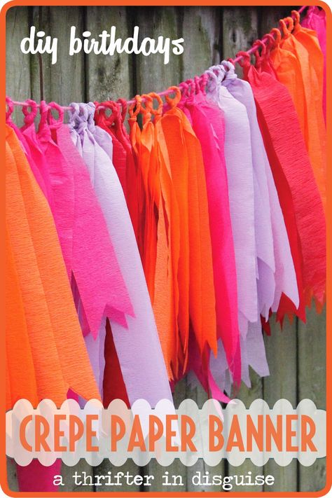 DIY Crepe Paper Party Banner. MAKE A SWEET & SIMPLE BANNER FOR JUST A FEW DOLLARS. Pinned from The Jenny Evolution's weekly linky party. Visit every Friday for more great ideas! Diy Slinger, Crepe Paper Decorations, Streamer Party Decorations, Diy Streamers, Streamer Decorations, Trendy Party Decor, Crepe Paper Streamers, Paper Streamers, Diy Banner