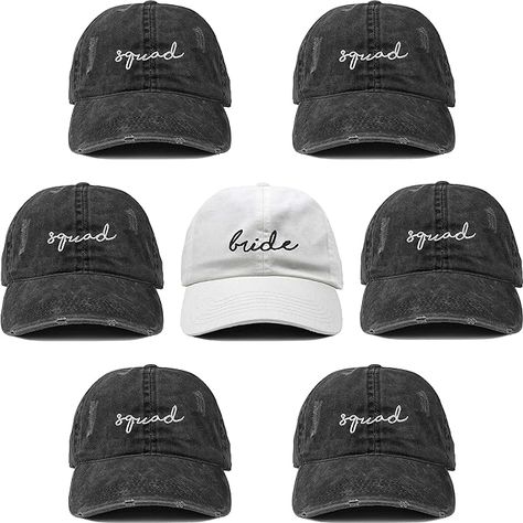 Hats off to love! 🧢💍 Our adorable bridal party ball caps add a touch of casual chic to your celebration. Keep it cool and coordinated as you prep for the big day with these cute caps. Grab one for each member of your crew and let the wedding adventures begin! 👰🤠 #BridalSquad #BallCapBliss #bachelorettepartyideas #bachelorettepartythemes #bachelorette #bridalparty 4 Squad, Cheap Bachelorette Party, Bridal Party Hats, Bachelorette Party Accessories, Bachelorette Hats, Wedding Boards, Indoor Event, Vintage Baseball Caps, Bride Squad