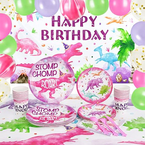 Amazon.com: Watercolor Dinosaur Party Decoration Set - 136PCS Dinosaur Birthday Party Supplies for Girls Kids Happy Birthday Backdrop Tablecloth Balloons Plates Cups Napkins Tableware Set Serves 16 Guests : Toys & Games Pink Dinosaur Party, Dinosaur Birthday Decorations, Girl Dinosaur Party, Watercolor Dinosaur, Girl Dinosaur Birthday, Dinosaur Party Decorations, Dinosaur Party Supplies, Dinosaur Birthday Party Decorations, Happy Birthday Backdrop