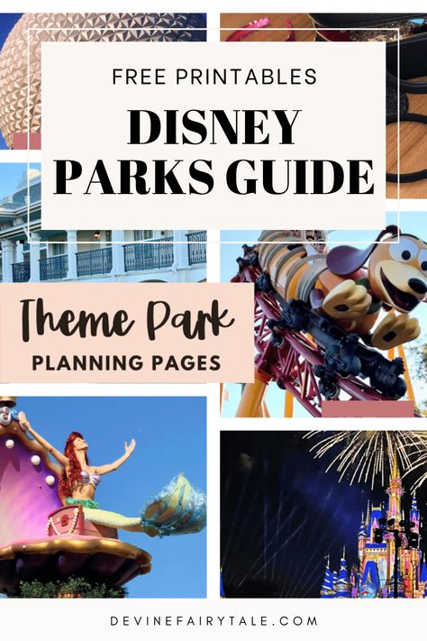 Various Disney themed photos with title: Disney Parks Guide: Theme Park Planning Pages Disney Planning Binder, Planning A Disney World Vacation, Theme Park Planning, Fairytale Disney, Universal Vacation, Disney World Vacation Planning, Planning Pages, Disney Vacation Planning, Disney Dreams