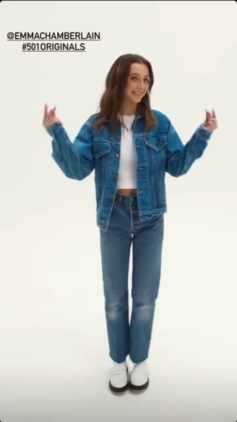 emma for Levi's 501 originals Emma Chamberlain Levis, Emma Chamberlain Outfits, Emma Chamberlain, Levi's 501, Levis 501, Levis Jeans, Blue Jeans, Levi's, Denim Jacket