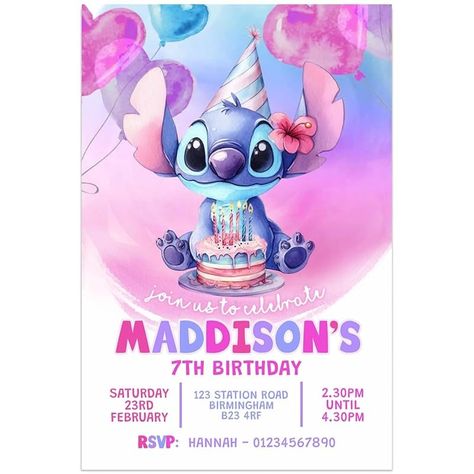 Personalised Stitch Birthday Party Invitations, Girls Cute Pastel Stitch and Angel Invites, First, 2nd, 3rd, 4th, 5th 6th 7th 8th 9th 10th 13th any age | PACK OF 10 WITH ENVELOPES : Amazon.co.uk: Handmade Products Girls Stitch Birthday Party, Stitch Girl Birthday Party, 7th Birthday Invitations Girl, Stitch Sleepover, Stitch And Angel Birthday Party, Pastel Stitch, Lilo And Stitch Birthday Party, Girls Birthday Invitations, Stitch Bday