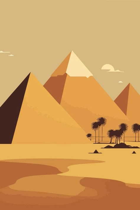 Egyptian pyramids in the desert. Vector illustration of a flat design. Egypt Art Design, Egypt Illustration Art, Desert Vector Illustration, Illustrator Flat Design, Pyramids Egypt Drawing, Egyptian Graphic Design, Desert Illustration Art, Pyramids Background, Pyramids Illustration