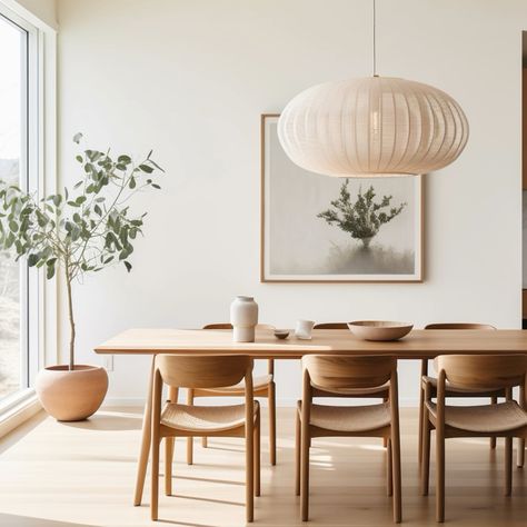 Natural Minimalist Dining Room, Modern Japandi Dining Room, Japandi Mid Century Living Room, Japandi Dinner Room, Dinner Table Inspiration, Japandi Dinning Room Design, Organic Modern Interior Design Style, Japandi Dining Room Lighting, Japandi Interiors Dining Room