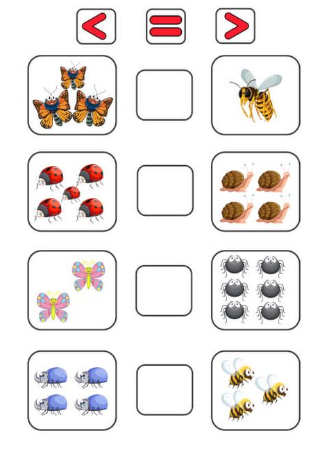 Printable Math Comparing Numbers Worksheets Insects Less Than More Than Activities, Greater Than Less Than Activities Preschool, More Or Less Activities Preschool, Greater Than Less Than Worksheets, More Than Less Than, Comparing Numbers Worksheet, Preschool Math Games, Greater Than Less Than, English Teaching Materials