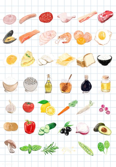 Hand drawn food ingredients watercolor style | free image by rawpixel.com Food Ingredients Drawing, Food Ingredients Illustration, Minimalist Food Illustration, Ingredients Illustration, Meat Drawing, Embroidery Icons, Food Frame, Watercolour Food, Visual Illustration