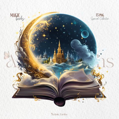 Book Magic Art, Magical Book Art, Magic Book Drawing, Fantasy Book Art, Open Book Illustration, Magical Inspiration, Fantasy Clipart, Clipart Book, Etsy Clipart