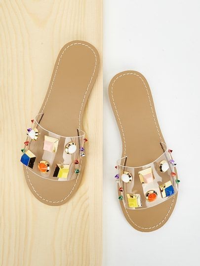 Jewelled & Studded Decor Flat Sliders -SHEIN(SHEINSIDE) Nice Hairstyle, High Gladiator Sandals, Hair Instagram, Mode Boho, Studded Heels, Dress Clothes, Beach Accessories, Womens Sandals Flat, Outfits Summer