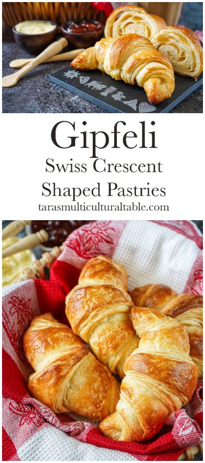 Gipfeli (Swiss Crescent-Shaped Pastries) in a basket with a white and red towel and on a slate board. Switzerland Recipes, Switzerland Food, Swiss Recipes, German Recipes, Flaky Pastry, Food Group, Bread And Pastries, Homemade Food, German Food