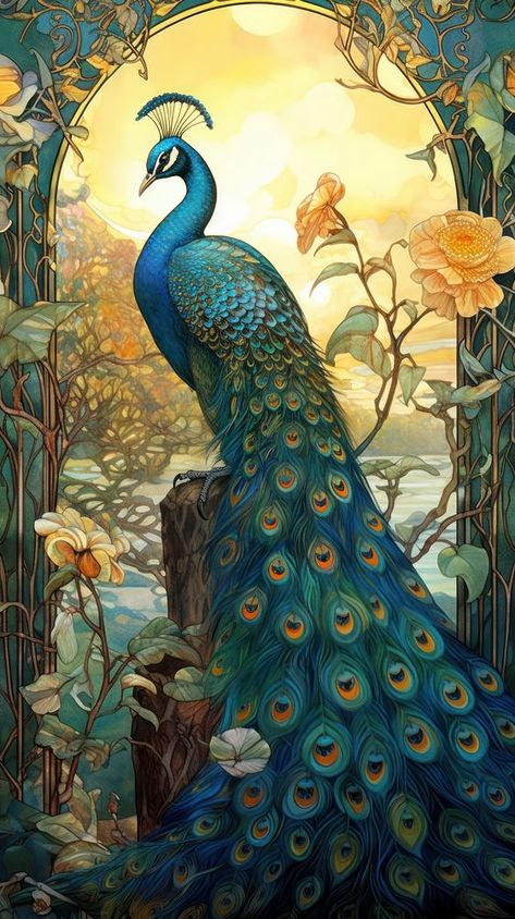 An art nouveau drawing of a peacock on landscape animal bird creativity. | premium image by rawpixel.com / chu_chutima Art Nouveau Print, Art Nouveau Design Illustration, Art Nouveau Drawing, Roses Iphone Wallpaper, Peacock Background, Wallpaper Peacock, Peacock Artwork, Fairy Tale Art, Painting Peacock