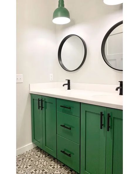 Sherwin Williams Arugula Bathroom Vanity Green Bathrooms, Green Bathroom Vanity, Green Vanity, Bathroom Redesign, Black And White Tiles, Gorgeous Bathroom, White Floors, Bathroom Floor Tiles, Green Bathroom