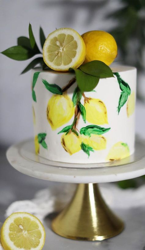 hand painted cake, lemon cake, lemon hand painted cake ,summer cake , cake inspiration , lemon cake hand painted #handpaintedcake #cakeinspiration Lemon Wedding Cakes, Whimsical Wedding Cakes, Torte Creative, Summer Wedding Cakes, Citrus Wedding, Creative Wedding Cakes, Traditional Wedding Cakes, Cake Illustration, Hand Painted Cakes