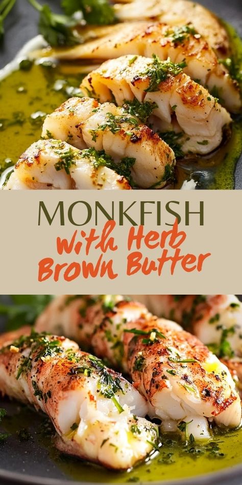 Monkfish with Herb Brown Butter is an elegant dish that brings together tender, flavorful fish with rich, nutty brown butter and fragrant herbs! 🐟🌿 Perfect for a special dinner or when you want to impress, this dish is surprisingly simple to make and full of gourmet flavors.  📌 Pin this recipe to create an elegant and flavorful monkfish with herb brown butter for your next dinner! #Monkfish #HerbBrownButter #SeafoodLovers #ElegantDinners #EasyRecipes #FlavorfulMeals Monk Fish Recipe Baked, Butter Poached Fish, Monkfish Recipes Easy, Monk Fish Recipe Ideas, Monk Fish Recipe, Milkfish Recipe, Smoked Trout Recipe, Monkfish Recipes, Seafood Shack