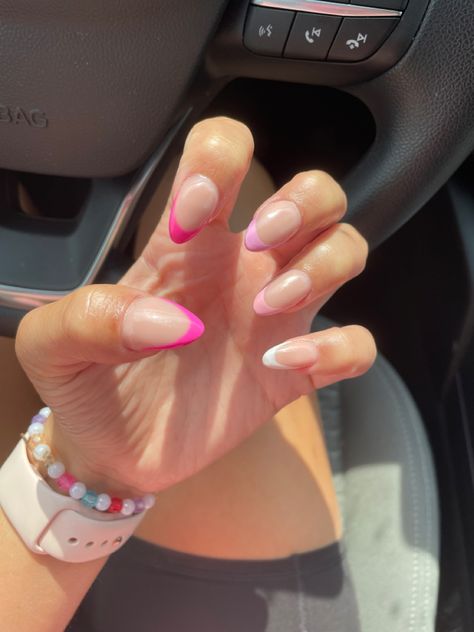 Ombre French Tip Nails Color, Shades Of Pink French Nails, Multi Color Pink French Tip Nails, Pink Gradient French Nails, Pink Monochrome French Tip Nails, Pink French Tip Different Shades, Multi Colored Pink French Tip Nails, Multi Pink French Tip Nails, Different Pinks French Tip Nails