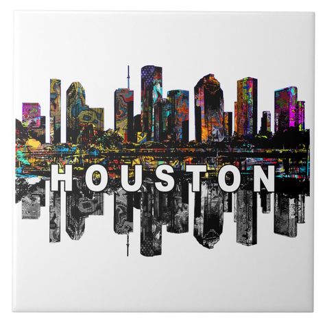 Houston, Texas covered in graffiti Ceramic Tile Houston City Skyline, Houston Street Art, Texas Artwork, Houston Design, Texas Theme, Houston Art, Houston Skyline, Vision 2024, Houston Street