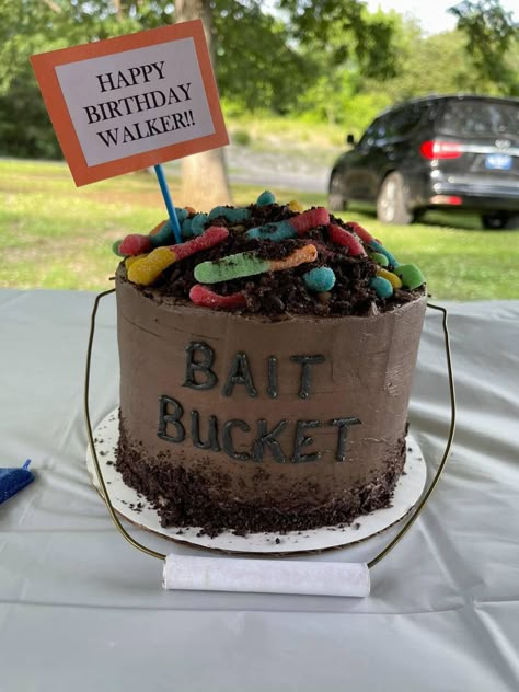 Bait Bucket Cake, Fishing Themed Desserts, Bass Birthday Party, Lake Themed Birthday Cake, Pond Birthday Party, Fishing Party Cake, 5th Birthday Fishing Theme, Kids Fishing Birthday Cake, Fishing First Birthday Cake