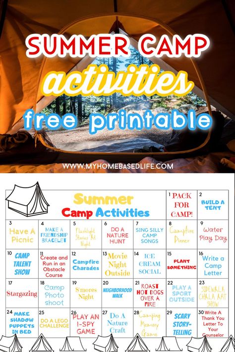 summer camp activities at home and a free printable Camp Day Activities, Outdoor Camp Activities, Kids Camp Activities Summer, Daycamp Activities For Kids, Summer Camp Program Ideas, Family Camp Activities, Camping For Kids Activities, Christian Summer Camp Themes, Camp Themes Summer