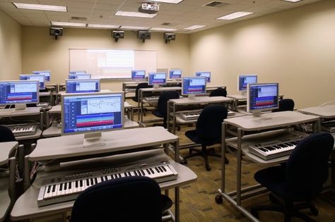 Inside a piano classroom in the JoAnn Hawkins Music Building Piano Classroom Interior, Piano Classroom, Stars Collage, Music Building, School Layout, Piano Classes, Classroom Interior, School Building Design, Performing Arts School