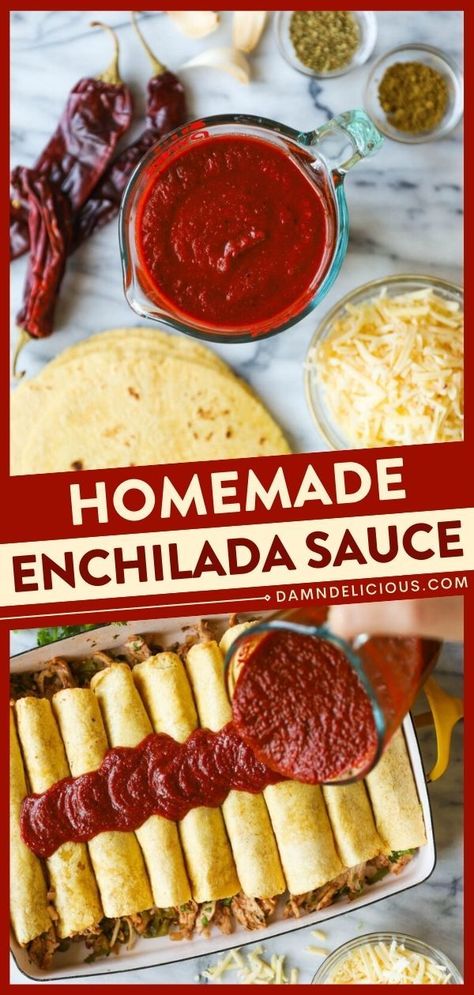 This homemade enchilada sauce will have you saying goodbye to store-bought! There are only a few steps involved in this easy sauce recipe. With whole dried chiles, it will take your enchiladas to the next level! Recipes With Dried Chiles, Meals To Make At Home, Easy Sauce Recipe, Autumn Foods, Homemade Enchilada Sauce, Homemade Enchiladas, Better Than Takeout, Homemade Condiments, Red Enchilada Sauce