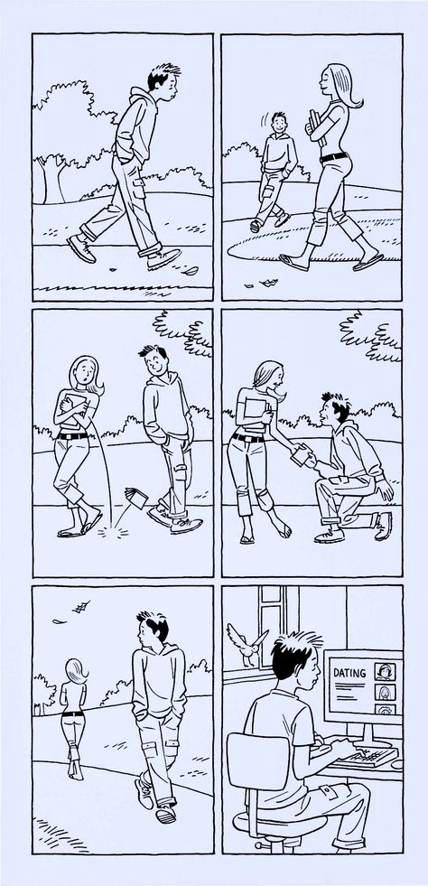 Jaime Hernandez drew this page (titled "Online Dating") in 2011. It was intended for publication in the New Yorker but was never printed. New Yorker Illustration, Jaime Hernandez, Independent Comics, Tradd Moore, Screenplay Writing, Love And Rockets, Bristol Board, Silver Surfer, Comic Page