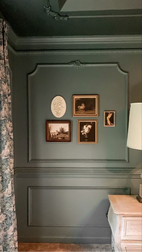 Wall Molding With Picture Frames, Rooms With Molding, Wall Molding Gallery Wall, Victorian Moulding Wall, What To Do With Wall Space, Vintage Wall Molding, Vintage Trim Molding, Gallery Wall With Paneling, Victorian Wall Colors