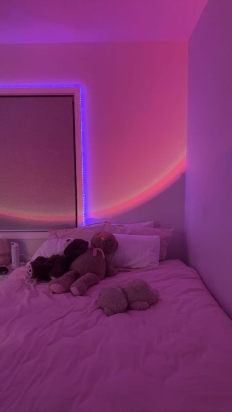 Pink Bedtime Aesthetic, Cute Y2k Bedroom, Bedroom Y2k Aesthetic, Coquette Room With Led Lights, Led Light Room Aesthetic, Pink Led Lights Bedroom, Pink Led Lights Aesthetic, Pink Light Aesthetic, Pink Y2k Bedroom