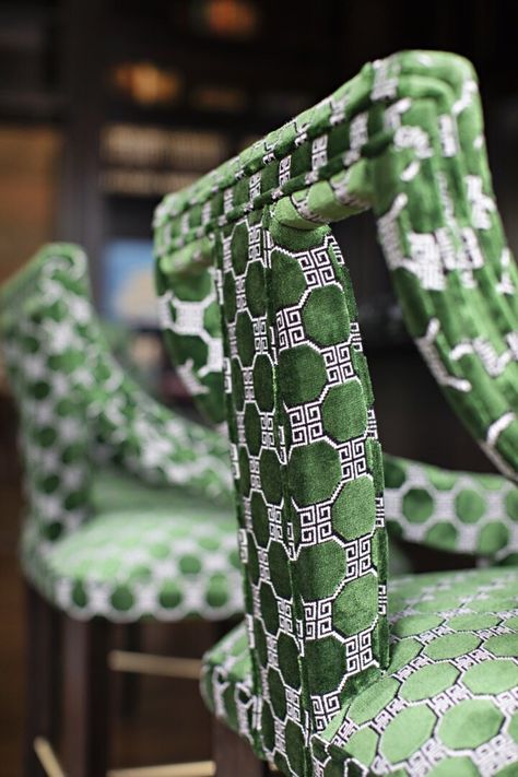 Custom Bar Chairs for a very handsome library bar #interiors #interiordesign #home #customhome #custom #customdesign #design #designer #bardesign #bar #barstool #stool #upholstery #greenvelvet #velvet #fabric #moody #mensroom #menslounge #gentlemansretreat #highend #interiorblog #deisgner #kellyferm #kellyfermhome #onlyprettythings #homewithstyle Maximalist Bar Stool, Moody Bar Stools, Botanical Restaurant, Moody Lounge, Counter Backsplash, Art Nouveau Bar, Marble Cocktail Table, Cat Bar, Paris Bars