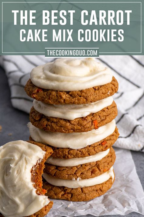 Carrot cake mix cookies stacked on top of each other. Carrot Cake Boxed Recipes, Boxed Carrot Cake Cookies, Box Carrot Cake Cookies, Soft Carrot Cake Cookies, Easy Carrot Cake Desserts, Carrot Cake Box Mix Recipes Desserts, Carrot Cake Cookies With Cream Cheese Frosting, Boxed Carrot Cake Mix Ideas, Carrot Cake Cookies From Cake Mix Recipes