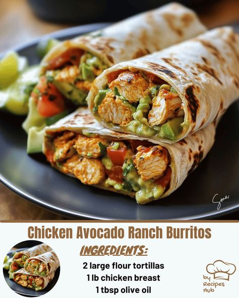 Chicken Avocado Ranch Burritos Ranch Chicken Tacos Skillet, Quick Filling Snacks, Chicken Avocado Ranch Burritos, Dinner Ideas With Avocado, Food Truck Food Ideas Most Popular, Big Back Meals, Bbq Chicken Meals, Chicken Burritos Easy, Nutritionist Meals