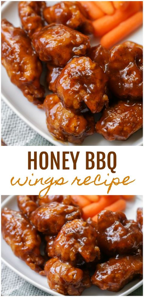 No need to go out for wings when you can make them from home! Delicious homemade boneless chicken wings, double breaded, baked to a crispy perfection, then smothered in sweet and tangy honey bbq sauce. This Boneless Honey BBQ Wings recipe makes for the perfect game day appetizer, or weekend dinner item! Homemade Boneless Chicken Wings, Boneless Honey Bbq Wings, Honey Bbq Wings Recipe, Boneless Wing Recipes, Wings Bbq, Bbq Wings Recipe, Honey Bbq Wings, Honey Wings, Boneless Chicken Wings