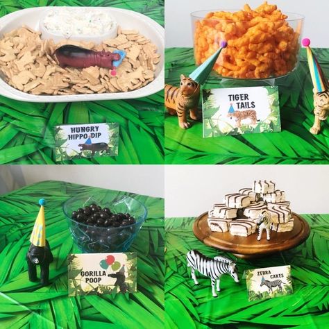 Animal Party Food Ideas, Animal Birthday Party Food, Animal Party Food, Safari Party Foods, Dunkaroo Dip, Jungle Themed Party, Jungle Theme Birthday Party, Chocolate Covered Raisins, Zoo Birthday Party