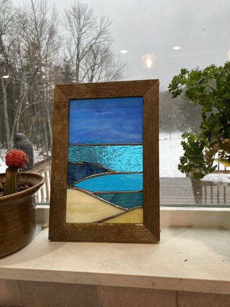 Stained Glass Art Landscape, Stained Glass Window Designs Simple, Stained Glass Water Patterns, Stained Glass Seascape, Beach Scene Stained Glass Pattern, Ocean Waves Stained Glass Patterns, Beach Glass Mosaic Diy Ideas, Stained Glass Beach Patterns, Beach Stained Glass Ideas