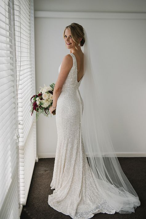 Modern Glam Sequin Wedding Dress for a Real Bride  https://heyweddinglady.com/modern-botanical-garden-wedding-day-melbourne/    #wedding #weddings #weddingideas #realweddings #weddingday #realbrides #bridalphotos #weddingdress #weddingdresses #bridalfashion #bridalgown Garden Wedding Dress Bride, Fit And Flare Wedding Dress With Veil, Fitted Wedding Dress With Veil, Beaded Wedding Dress With Veil, Sequin Wedding Gown, Sleek Wedding Dress Long Veil, Sequin Wedding Dress With Veil, Real Brides In Wedding Dresses, Veil With Sequin Dress