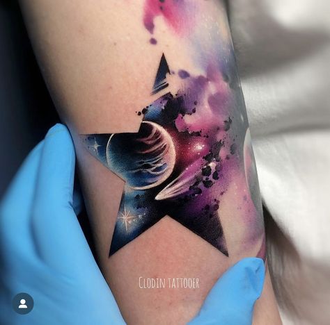 Star Watercolor Tattoo, Star Tattoo Cover Up Ideas, Galaxy Stars Tattoo, Complicated Tattoos, Universe Tattoo Design, Space Arm Tattoo, Stargazing Tattoo, Orion Tattoo, Watercolor Galaxy Tattoo