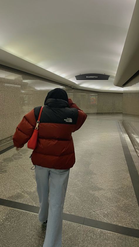 The North Face | 1996 Retro Nuptse Puffer | Brick Red | Layla Shoulder Bag | Baggy pants | Platforms | Brookfield Place Red North Face Puffer Jacket Outfit, North Face 1996 Nuptse Outfit, Red North Face Puffer, Puffer Outfits, Orange North Face Jacket, North Face Puffer Jacket Outfit, Red North Face Jacket, North Face Jacket Outfit, Winter Outfit 2022