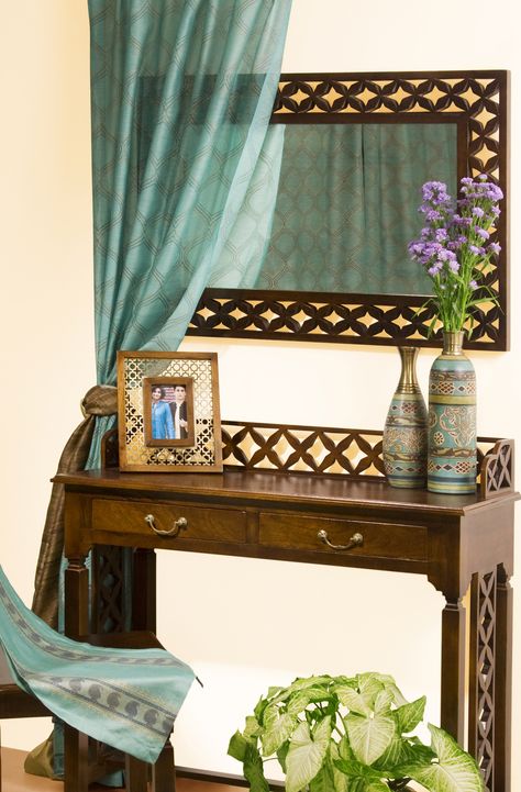 #mirror #wall #accents #corners #curtains #vases #accessories #home #wood #furniture #interior #design #Fabindia Shoe Console, Interior Room Decoration, Home Decor Apartment, Interior Decorating Living Room, Living Room Ornaments, Product Portfolio, Home Wood, Coffee Table Rectangle, Hall Decor