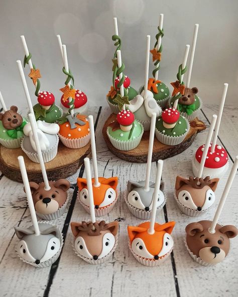 Sweet Art by Katerina on Instagram: “Chocolate cake pops for a Woodland themed baptism. 🦝🦊🐻 . . . #cakepops #baptism #cakedecorating #woodland #edibleart #cakedecorating…” Forest Cake Pops, Animal Party Cake Pops, Woodland Cake Pops, Woodland Animal Cake Pops, Wild Animal Cake Pops, Forest Theme Cakes, Woodland Theme Cake, Jungle Birthday Cakes, Zoo Cake