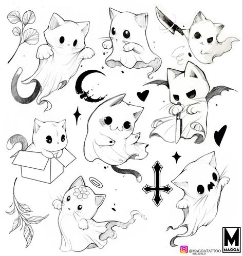 Halloween Sketchbook, Halloween Tattoo Flash, رسم كاريكاتير, A Ghost Story, Ghost Tattoo, Kawaii Tattoo, Flash Tattoo Designs, Spooky Tattoos, Cute Little Tattoos