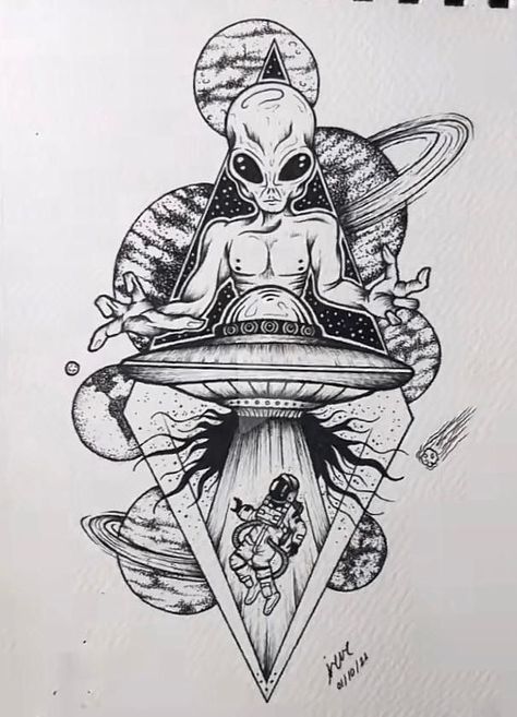 Psychonaut Tattoo, Geometric Universe Tattoo, Space Tattoo Sleeve, Half Sleeve Tattoos Sketches, Geometric Tattoo Sleeve Designs, Ufo Tattoo, Astronaut Tattoo, Half Sleeve Tattoos Drawings, Alien Drawings