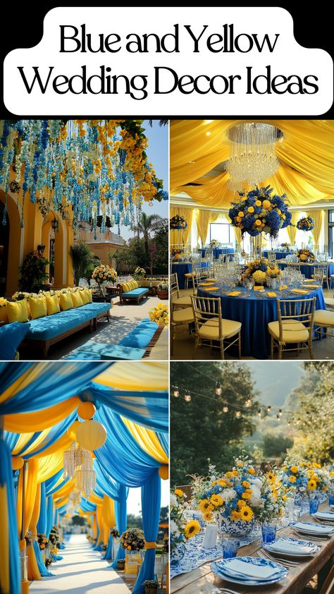 Beautiful blue and yellow wedding decor for a stunning celebration. Blue And Yellow Summer Wedding, Pastel Yellow And Blue Wedding, Royal Blue And Yellow Wedding Theme, Yellow Wedding Table, Navy Blue Wedding Decor, Bright Floral Arrangements, Yellow Wedding Decor, Royal Blue Wedding Ideas, Yellow And Blue Wedding