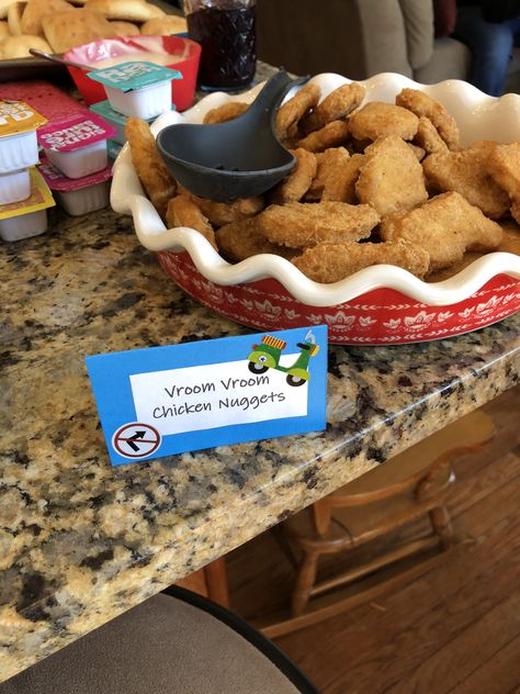 Car themed birthday party: vroom vroom chicken nuggets. Car Themed Birthday Party, Party Chicken, Car Birthday Theme, Car Theme, Cars Theme Birthday Party, Race Party, Chicken Nugget, Cars Birthday Parties, Car Themes