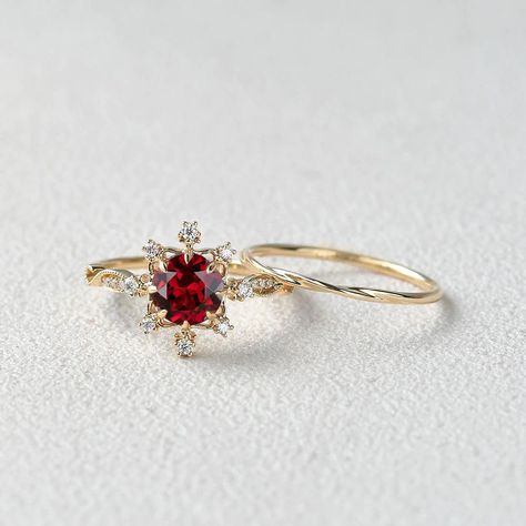 Felicegals Round Cut Garnet Vintage Inspired Ring Set 2pcs Garnet Moissanite Ring Engagement Wedding Ring Anniversary Gift Gemstones 14k solid gold band Garnet, 6mm Colourless Moissanite Accents The moissanite accents version features VS to VVS clarity. 0.10ct total carat weight 1.5mm bandwidth ** This item is specially made for you. Please allow 3-4 weeks lead time. Ruby Wedding Ring Set, Garnet Ring Gold, Garnet Wedding Rings, Ruby Wedding Rings, Garnet Wedding, Vintage Gold Engagement Rings, Garnet Engagement Ring, Ruby Ring Gold, Vintage Inspired Rings