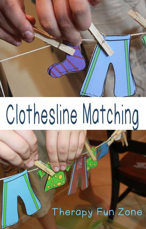 Therapy Fun Zone: Clothesline Matching. Fun fine motor exercise! Pinned by SOS Inc. Resources. Follow all our boards at pinterest.com/sostherapy/ for therapy resources. Clothes On A Clothesline, Therapy Fun, Clothing Themes, Occupational Therapy Activities, Fine Motor Activities For Kids, Finger Strength, Fun Zone, Play Clothes, Activities Of Daily Living