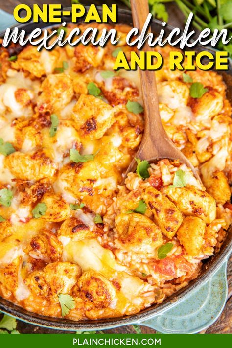 One-Pan Mexican Chicken & Rice with Queso - seriously the BEST! Chicken, taco seasoning, rice, milk, salsa, Queso dip, Rotel diced tomatoes and green chilies, and shredded cheese. Ready to eat in under 30 minutes. Garnish with your favorite taco toppings. Kids and adults gobble this up! Delicious gluten-free meal. Chicken Rice And Tomatoes, Rotel Recipes Dinner Tonight, Mexican Cheesy Chicken And Rice, Chicken Cheese And Rice, Seasoning Rice, Cheese And Rice, Rice Mexican, Mexican Chicken And Rice, Homemade Guacamole Recipe