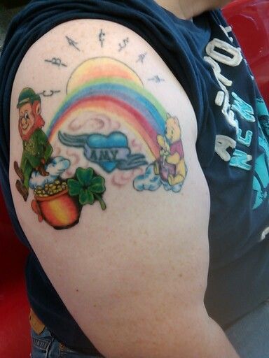 Rainbow with pot of gold at one end and a honey pot at the other Pot Of Gold Tattoo, Rainbow With Pot Of Gold, Gold Tattoo, Honey Pot, Pot Of Gold, I Tattoo, Watercolor Tattoo, Cool Tattoos, Honey