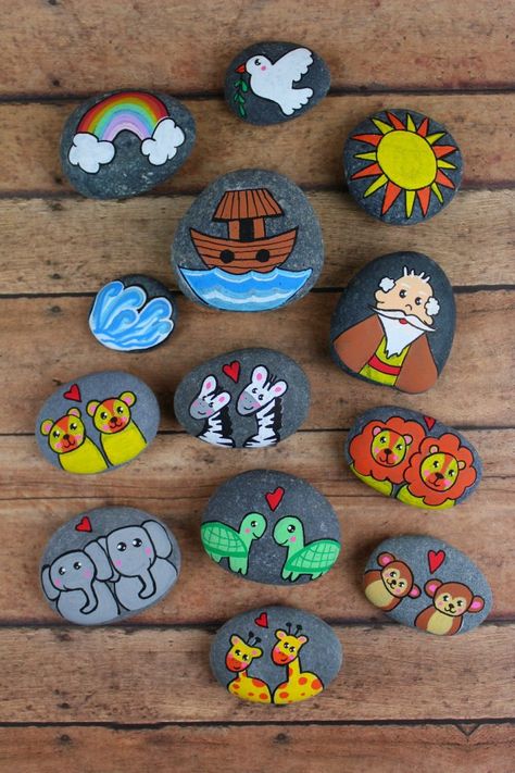 Story Stones Inspiration - Noahs Ark Story Rocks Ideas Painted Stones, Noahs Ark Craft, Story Rocks, Easy Rock Painting Ideas, Ark Craft, Easy Rock Painting, Garden For Beginners, Hanging Craft Ideas, Story Stone